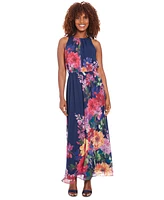 London Times Petite Floral-Print Halter Maxi Dress