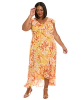 London Times Plus Floral Chiffon Ruffle-Neck Maxi Dress