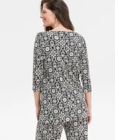Jm Collection Women's Printed Boat-Neck 3/4 Sleeve Top, Exclusively at Macy's