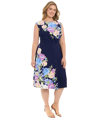 London Times Plus Placed Floral-Print Sleeveless Midi Dress
