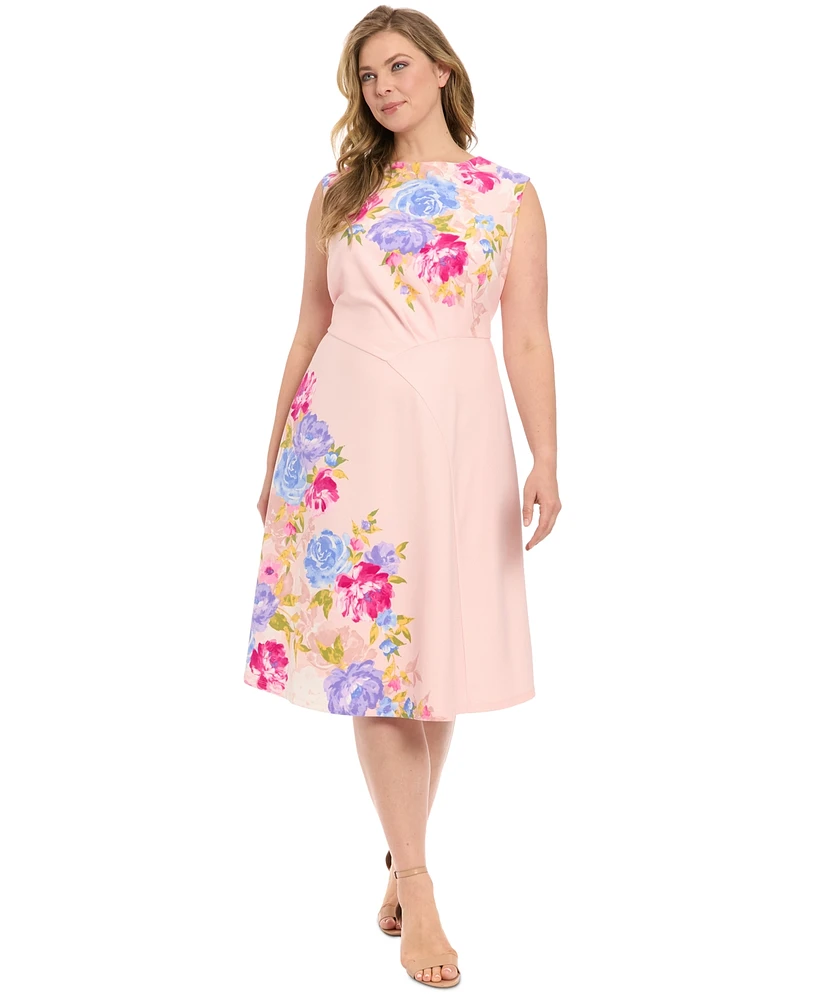 London Times Plus Placed Floral-Print Sleeveless Midi Dress