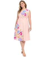 London Times Plus Placed Floral-Print Sleeveless Midi Dress