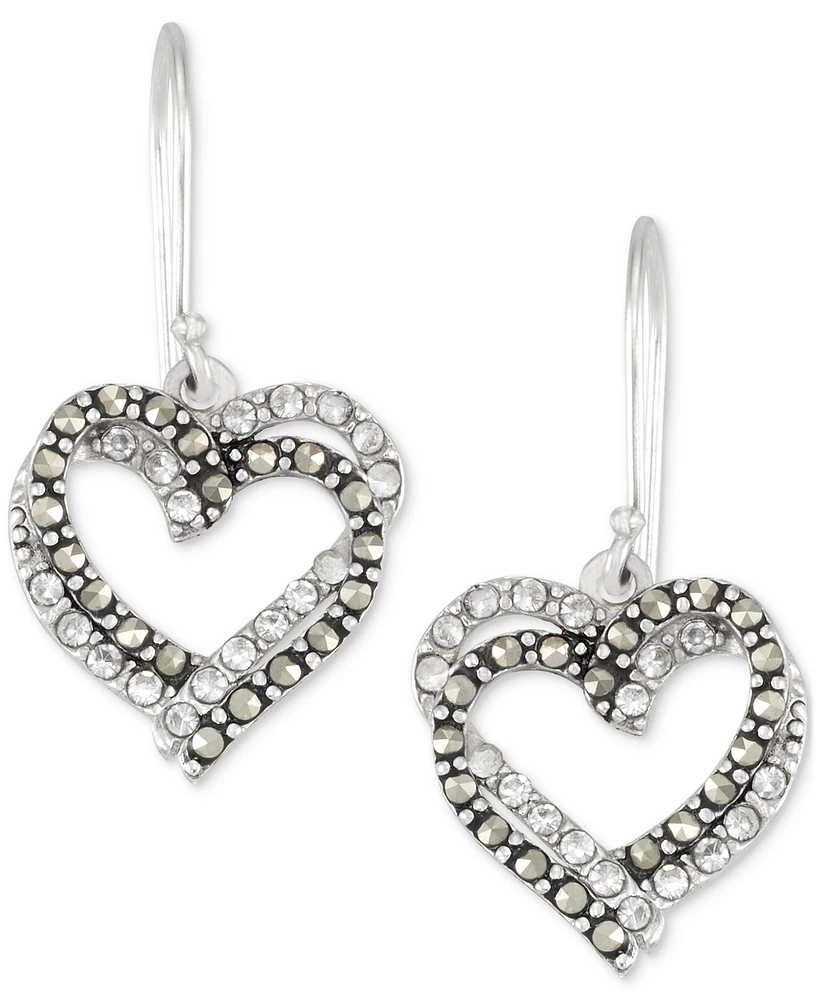 Crystal & Marcasite Interlocking Double Heart Drop Earrings in Sterling Silver