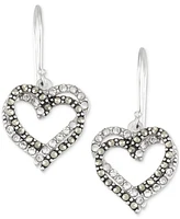 Crystal & Marcasite Interlocking Double Heart Drop Earrings in Sterling Silver