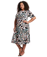 London Times Plus Jewel-Neck Short-Sleeve Dress