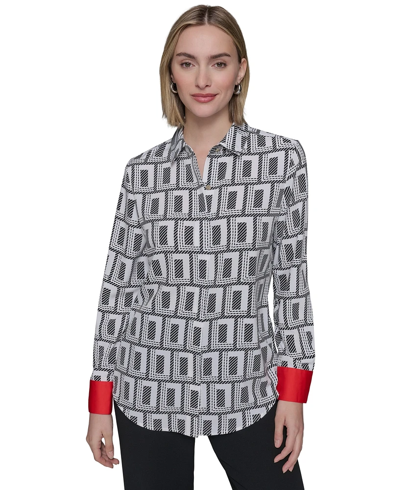 Karl Lagerfeld Paris Women's Geo-Print Contrast-Cuff Top