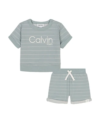 Calvin Klein Baby Boys 2-Piece Striped French Terry Short Sleeve Crewneck and Shorts Set