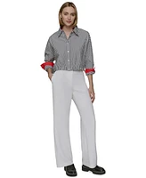 Karl Lagerfeld Paris Women's Cotton Striped Contrast-Collar Drawcord Button-Front Top
