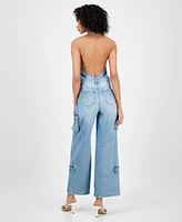 Bariii Women's Denim Halter Cargo-Pocket Jumpsuit
