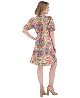 Vince Camuto Women's Printed Cotton Ruffle-Neck Tie-Waist Dress