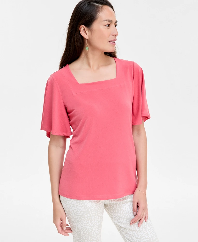 Jm Collection Women's Solid Flutter-Sleeve Square Neck Crepe Top, Exclusively at Macy's