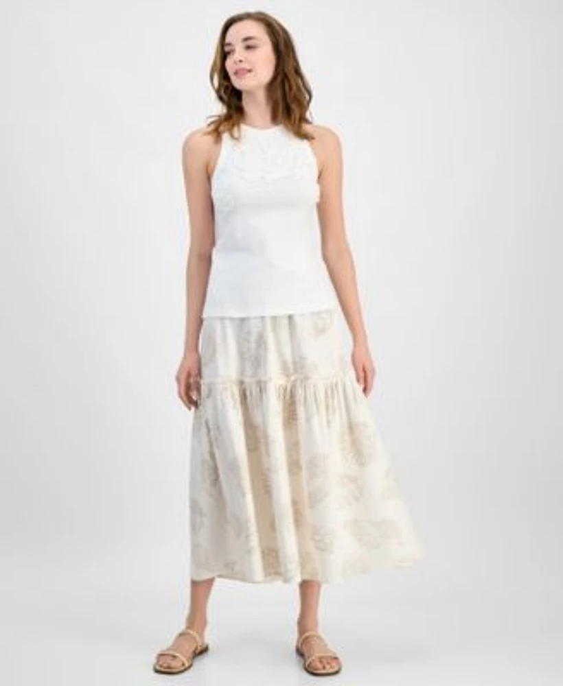 Jones New York Womens Cutaway Applique Tank Top Tiered Maxi Skirt