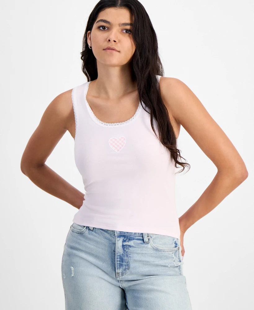 Just Polly Juniors' Gingham Heart Patch Lace-Trim Tank Top