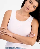 Just Polly Juniors' Gingham Heart Patch Lace-Trim Tank Top