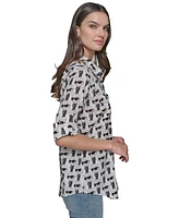 Karl Lagerfeld Paris Women's Motif Roll-Tab-Sleeve Button-Front Top