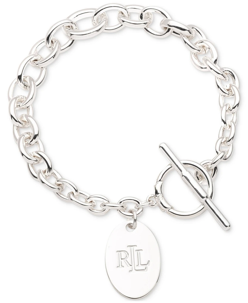 Lauren Ralph Lauren Silver-Tone Logo Charm Chain Link Toggle Bracelet