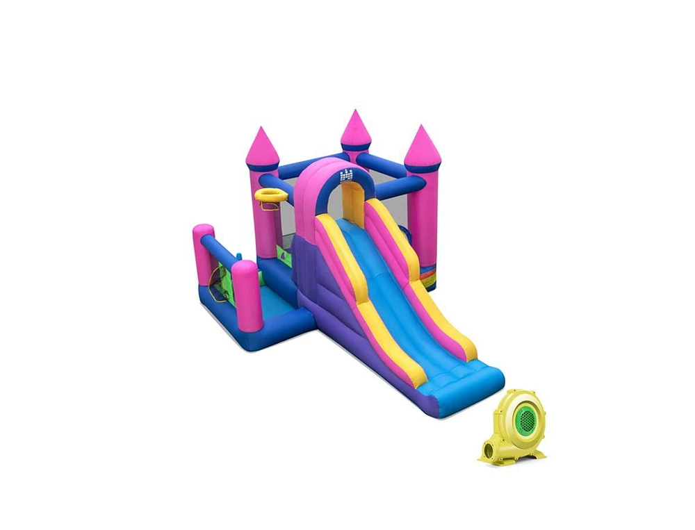 7-in-1 Kids Inflatable Bounce House with Long Slide and 735W Blower