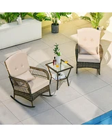 3 Pieces Outdoor Hand-Woven Pe Rattan Conversation Set with Tempered Glass Side Table