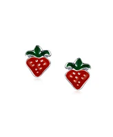 Bling Jewelry Tiny Small Summer Fruit Red Enamel Strawberry Stud Earrings .925 Sterling Silver