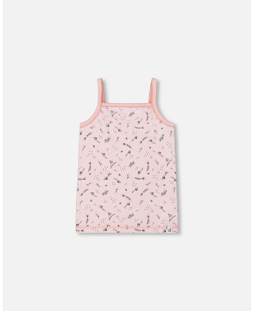 Girl Printed Cotton Tank Top Small Pink Flowers On Pale Background - Toddler|Child