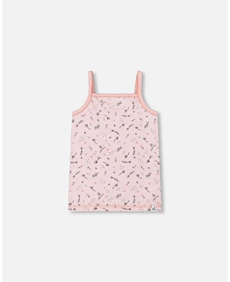 Girl Printed Cotton Tank Top Small Pink Flowers On Pale Background - Toddler|Child