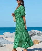 Women's Boho Floral Notched Neck Puff Sleeve Midi Beach Dress