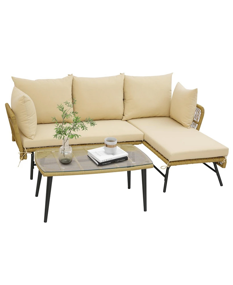 3 Pieces L-Shaped Patio Sofa with Cushions and Tempered Glass Table