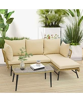 3 Pieces L-Shaped Patio Sofa with Cushions and Tempered Glass Table
