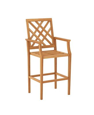 Patio Teak Wood Bar Stool Outdoor Counter Height Chair with Ergonomic Backrest