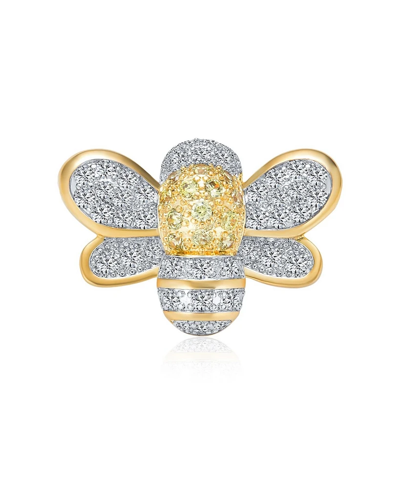 Bling Jewelry Insect Two-Tone Bumble Bee Brooche Pin - Yellow & White Cz Gold Rhodium Plated Brass