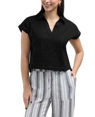 Ellen Tracy Women s Linen Blend Top with Cuffed Sleeve