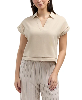 Ellen Tracy Women s Linen Blend Top with Cuffed Sleeve