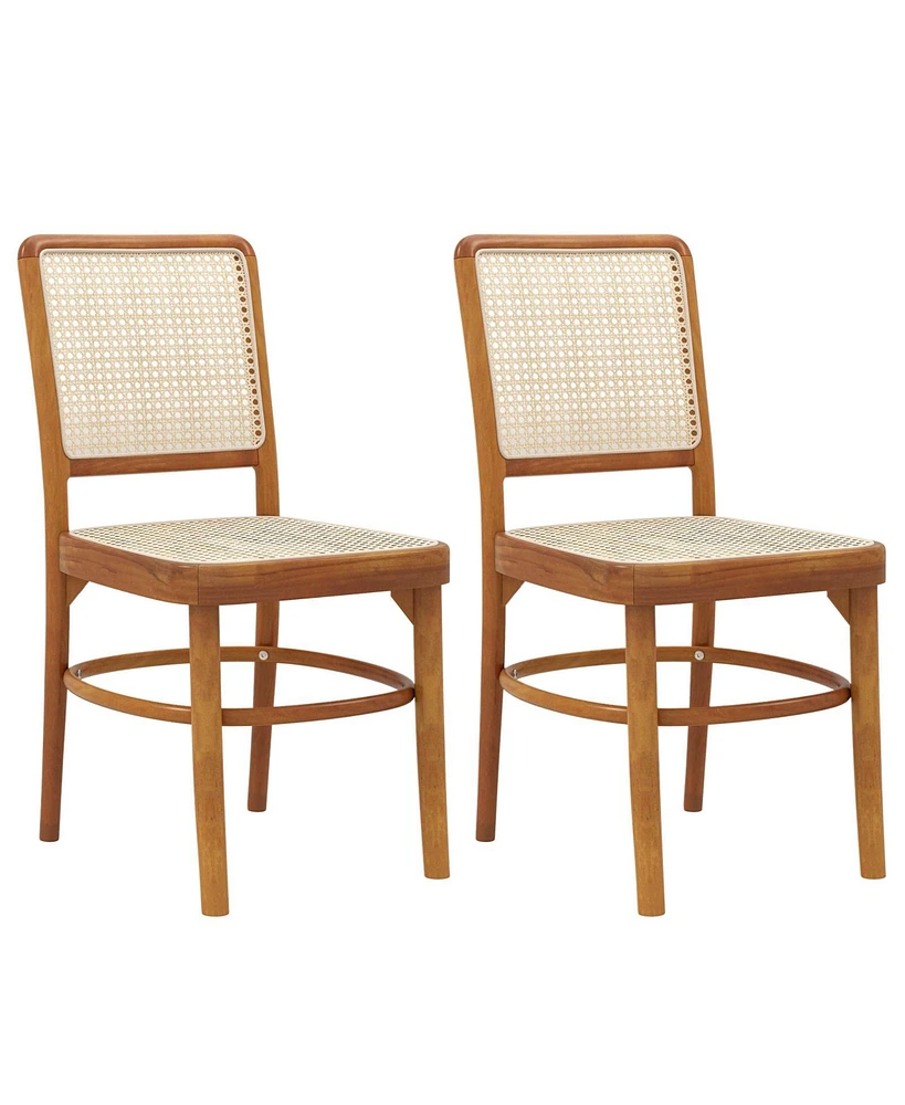 Set of 2 Dining Chairs Rattan with Teak Wood Structure and Footrests