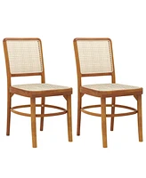 Set of 2 Dining Chairs Rattan with Teak Wood Structure and Footrests