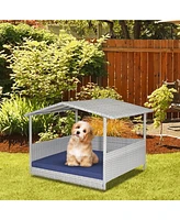 Wicker Dog House with Waterproof Roof and Washable Cushion Cover