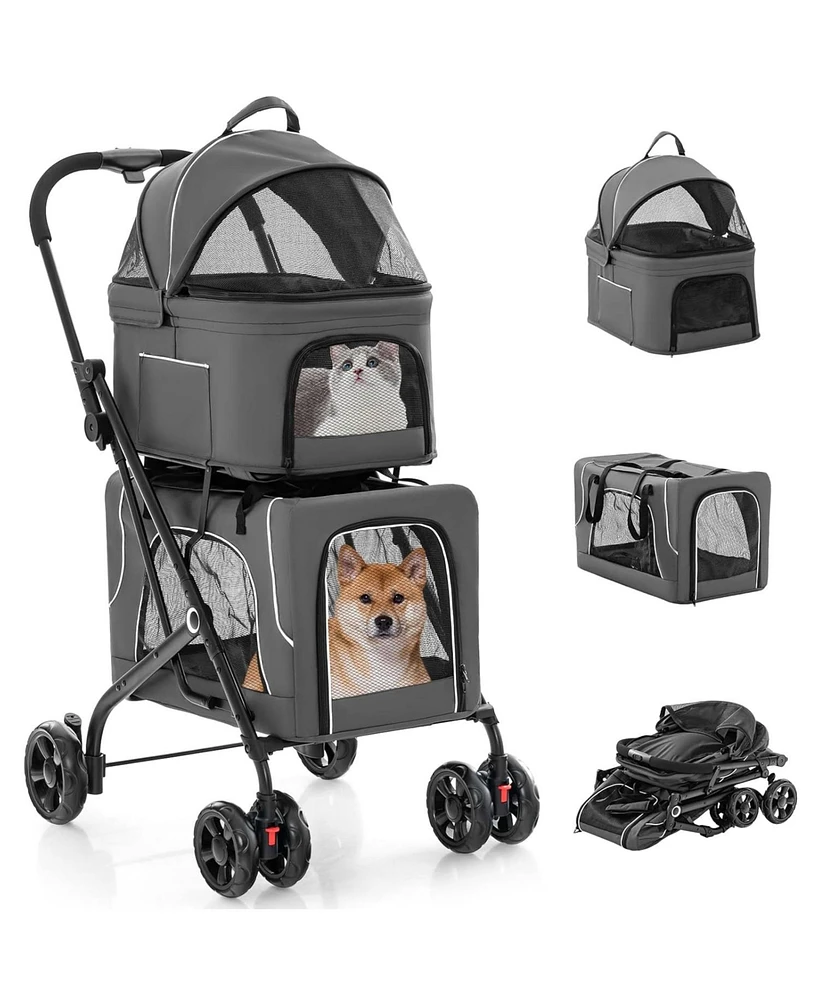 Double Pet Stroller Foldable 3-in-1 Dog Stroller with 2 Detachable Carriers