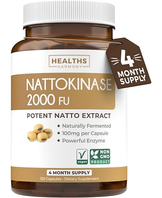 Nattokinase 2000 Fu (Non-gmo), Powerful Nattokinase Supplement Made from Naturally Fermented Soybeans for Heart Health Support, Healths Harmony, 120ct