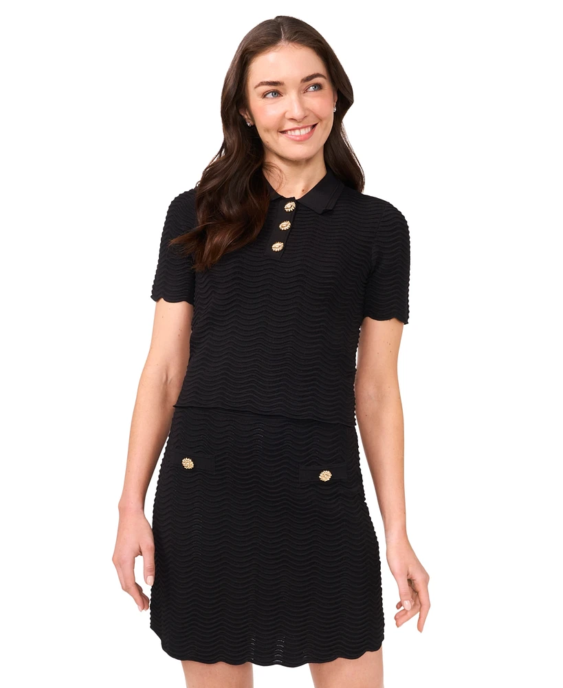 CeCe Women's Scalloped Jewel-Button Short-Sleeve Sweater