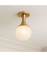 Jaime 7 3/4" Mid Century Modern Art Deco Semi Flush-Mount Ceiling Light Fixture Kitchen Foyer Hallway Globe Round Warm Brass Finish White Glass M