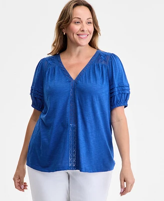Style & Co Plus V-Neck Short-Sleeve Contrast-Trim Top, Exclusively at Macy's
