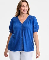 Style & Co Plus V-Neck Short-Sleeve Contrast-Trim Top, Exclusively at Macy's