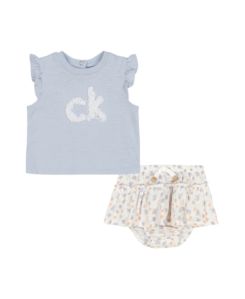 Calvin Klein Baby Girls 2-Piece Rosette Logo T-Shirt Printed Gauze Skirted Diaper Cover Set