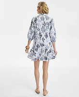 Charter Club Women's Printed 3/4-Sleeve 100% Linen Tiered Shirtdress, Exclusively at Macy's