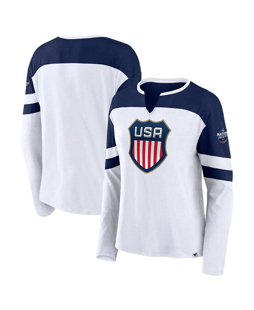 Fanatics Women's White/Athletic Navy Usa 2025 4 Nations Face-Off Notch Neck Long Sleeve T-Shirt