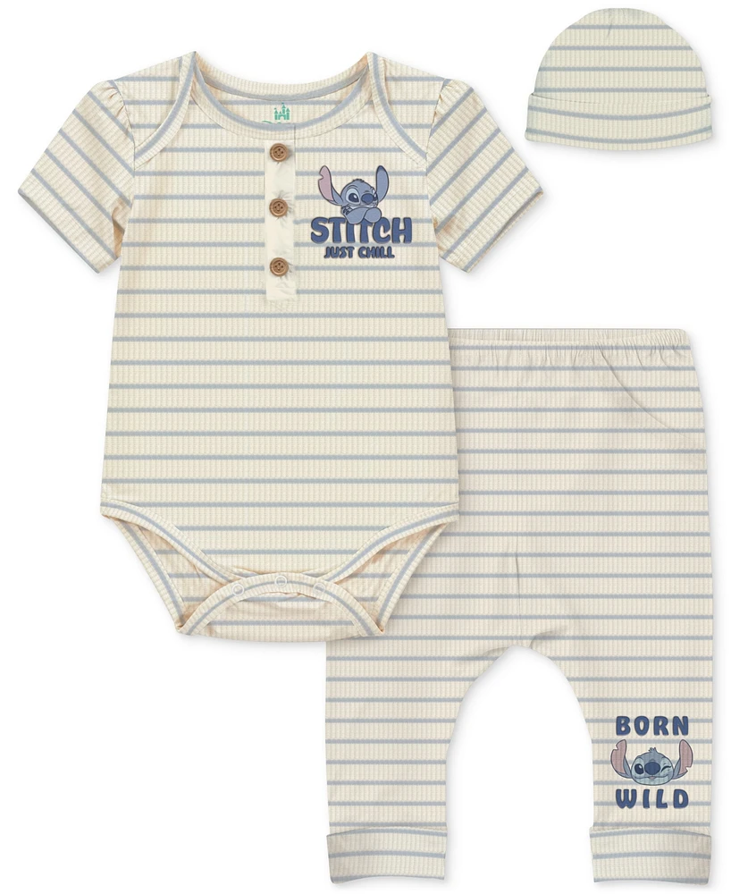 Disney Baby Boys 3-Pc. Stitch Stripe Bodysuit, Pants & Hat Set