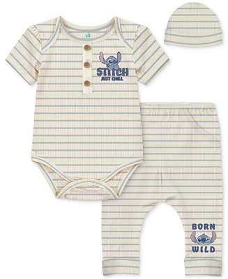 Disney Baby Boys 3-Pc. Stitch Stripe Bodysuit, Pants & Hat Set