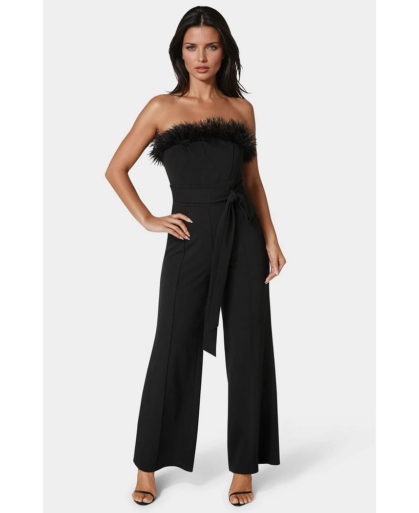 bebe Women's Strapless Feather Jumpsuit