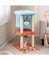 Cute Monster-Themed Cat Tower with Private Condo & Soft Long Plush Cozy & Fun Playhouse for Cats