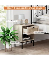 Gymax Rattan Nightstand Boho End Table with Drawer & Open Shelf for Living Room