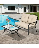 2 Pieces Patio Outdoor Cushioned Sofa Bench with Coffee Table